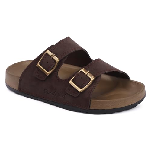 Image of Men's Double Buckle Sandals | Adjustable Strap Slip-On Comfort Slides | Cushioned Footbed Anti-Skid Casual Slippers for Regular Wear Indoor Outdoor