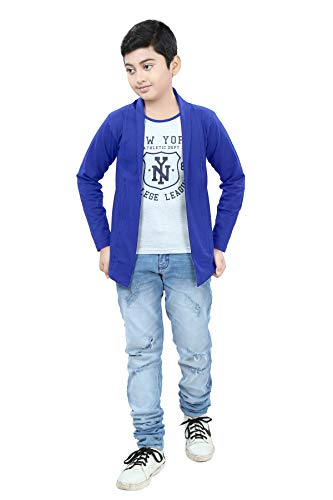 Image of Boy's Cotton White Printed T-Shirt with Blue Jacket Shrug