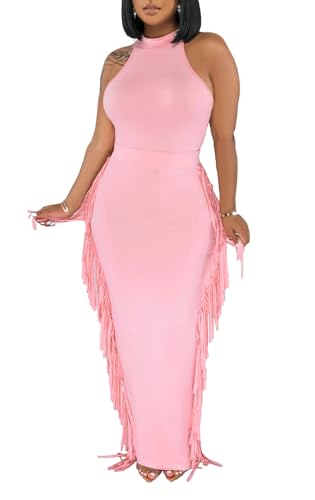 Image of 2 Piece Outfits for Women Sexy Halter Neck Sleeveless Crop Tops Ruched Bodycon Dresses Jumpsuits Fringe Skirt Sets