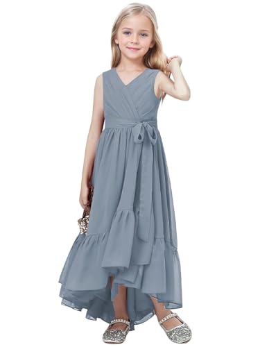 Dusty Blue Jr Bridesmaid Dresses High Low Flower Girl Dress Pleated Ruffle Chiffon Girls Formal Evening Gowns Size 9