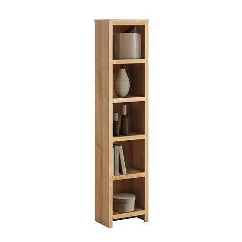 Prepac Moda 80' Tall 5-Tier Narrow Bookcase in Natural Oak, Modern Storage Accent Bookshelf with 3 Adjustable Shelves for Home, Office, Living Room, Bedroom