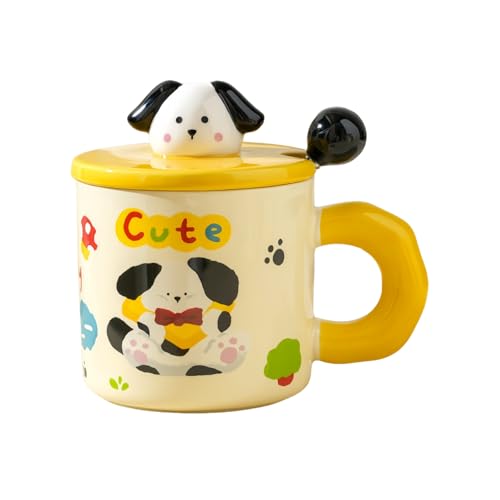 HUMOCHUSON Taza Te Taza De Cerámica De 450 Ml Con Diseño De Perro Con Tapa Y Cuchara Para Niñas Y Niños.