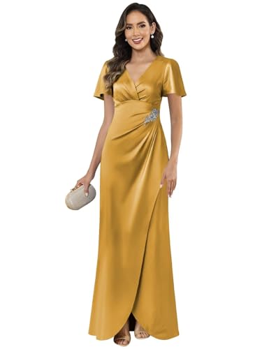 VCCICANY Short Sleeve Mother of The Bride Dresses for Women Satin V Neck Ruched Long Evening Formal Gowns
