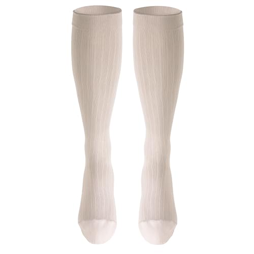 Image of NuVein Men's Compression Socks, 20-30 mmHg Support, Dress Trouser Style, Over Calf Knee High, Tan, Small