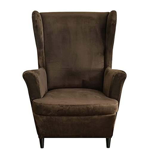 SHUOJIA Stretch Husse Für Ohrensessel, 2 Stück Samt Husse Für Ohrensessel Weiche Elastische Ohrensessel Schonbezug Sesselbezug Maschinenwaschbar Für Wohnzimmer-Marine-Ohrensessel (Brown) Cover