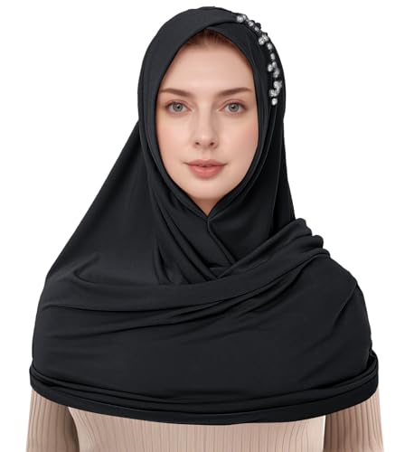 YI HENG MEI Instant Jersey Hijab Scarf for Women with Rhinestones, Pre-sewn Non-See Through Hijabs Muslim Head Scarfs, Black