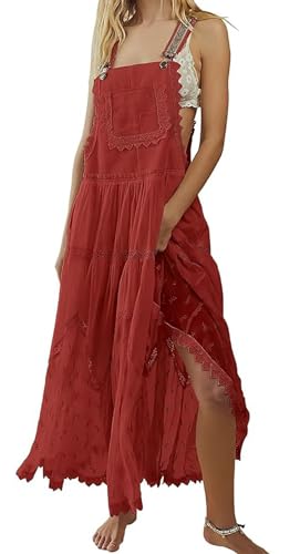 Image of CHARTOU Women Bib Overall Dress Jumper Babydoll Pinafore Dress Embroidered Lace Maternity Straps Suspender Dress