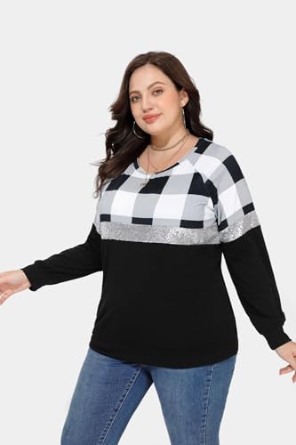 Image of TIYOMI Plus Size Tops for Women Raglan Long Sleeve V Neck T Shirts Casual Color Block Leopard /Floral Tops Winter Tee Shirt