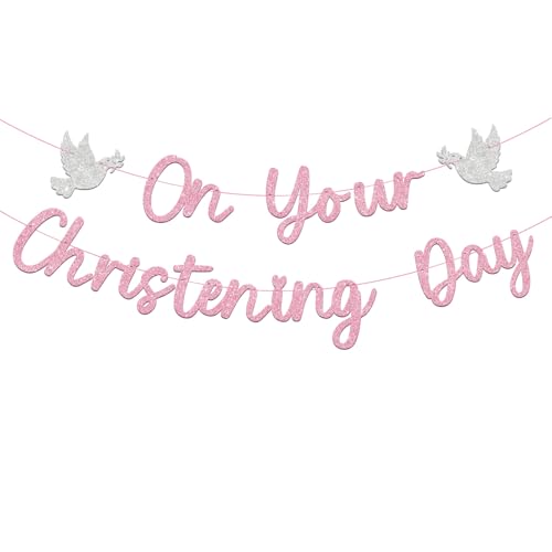 Pink Christening Banner Decorations for Girls Glittering on Your Christening Day DIY Baptism (Pink)