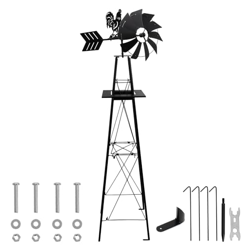 6FT Windmill for Yard Garden Windmill with Rooster Weather Vane Heavy Duty Outdoor Metal Wind Mills with Stable 4-Leg Base Weather-Resistant Spinning Blades - Yard Art for Lawn & Garden (Black)