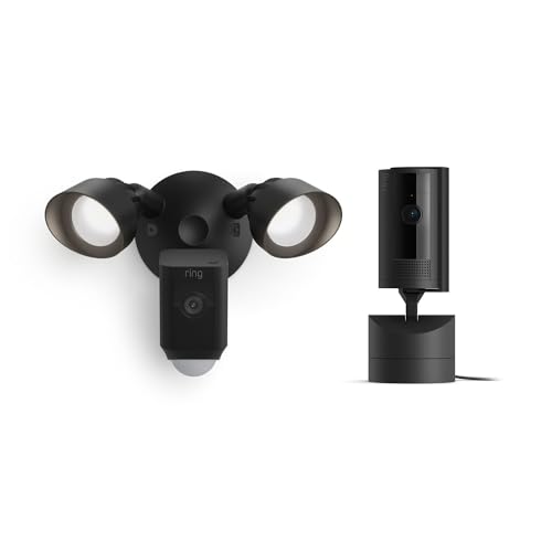 Image of Ring Pan-Tilt Indoor Cam, Black with Ring Floodlight Cam Wired Plus, Black