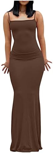 NIUQI Womens Summer Solid Mermaid Dress Spaghetti Straps Sleeveless Floor Length Maxi Sundress Brown