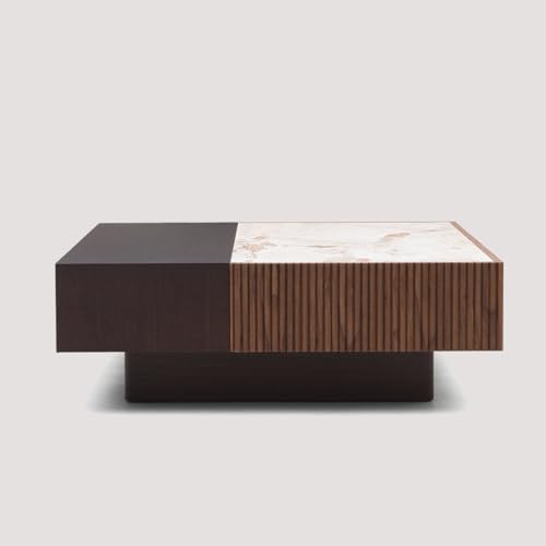 Image of WOODEN SPACE Nova Luxe Square Center Table with HDHMR Marble Top & Fluted Wooden Base | Modern Coffee Table for Living Room | Premium Wooden Centre Table
