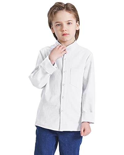 Eymitory Boys Button Down Shirt Long Sleeve Casual Cotton Linen Kids Dress Shirts Tees Summer Tops With One Pocket White #TOP3