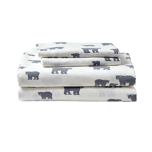 Eddie Bauer - Flannel Sheets Queen Size, Anti-Pilling & Wrinkle Resistant Cotton, Touchably Soft for All-Season Comfort - Bed Sheets with Matching Pillowcases & Fitted Sheet (Bear Family Grey)