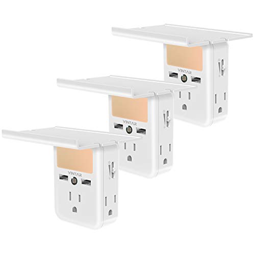 [3-Pack]VINTAR Outlet Shelf-Wall Outlet Extender with Built-in Shelf, Multi Plug Outlet with Adjustable Night Light,3 Power Outlets 2 USB Ports,ETL Certified.