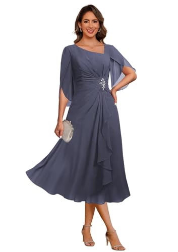 Noras dress Appliques Mother of Bride Dresses for Wedding Ruffle Cap Sleeves Tea Length Mother Dress Formal B096