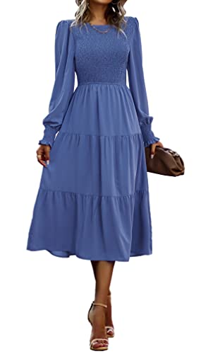 VOGMATE Damen Casual Smocked Kleid Langarm Rundhalsausschnitt High Waist Tiered Midi Kleid, Blau XL