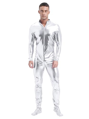Yihuimin Mono metálico de manga larga para hombre, traje de cuerpo entero, estrecho, elástico, para Halloween, color plateado, plata, 3XL