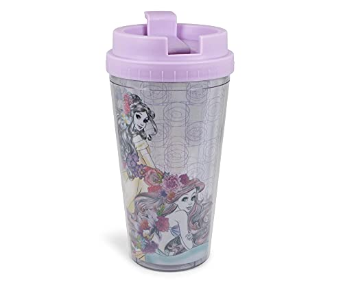 Disney Princesses Double-Walled Plastic Tumbler With Lid | Official Disney Kitchen Accessories | Travel Coffee Mugs, Novelty Drinkware For Home Kitchen Set | Holds 16 Ounces