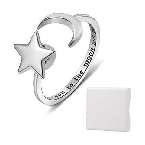 Winkwinky S925 Sterling Silver Rings Fidget Anxiety Ring for Women Girls Fidget Spinner Ring Open Adjustable Ring Moon Start Anti Anxiety Rotatable Ring for Women Girls Jewellery Gift with Box Cover