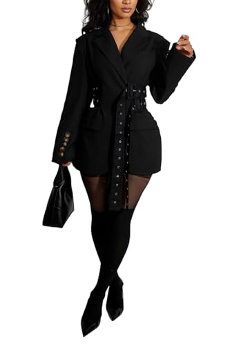 Vakkest Blazer Dress for Women Casual Long Sleeve Lapel Fall Coat Elegant Business Office Work Suit Jacket with Belt Black