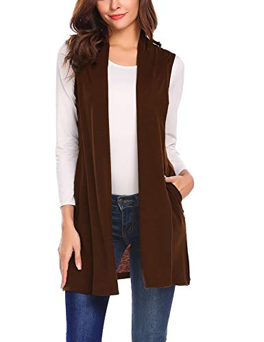 Womens Long Vests Sleeveless Draped Waterfall Lightweight Open Front Cardigan Vest with Side Pockets Chocolate S