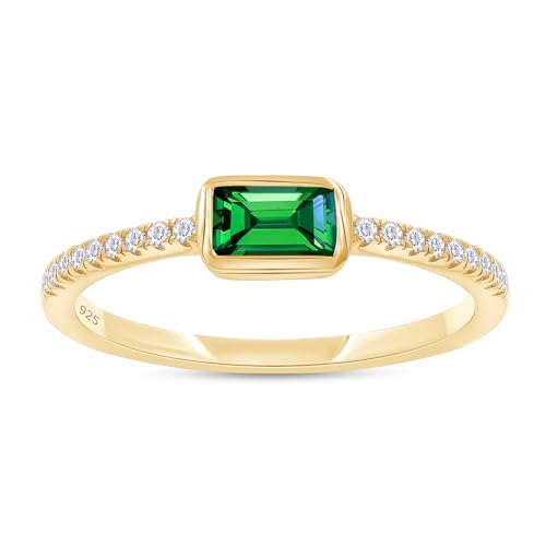 AFFY Half-Eternity Engagement Ring, 3X5MM Radiant Shape Zambian Emerald Lab Grown Gemstone & Created Moissanite Wedding Promise Ring In 14K Gold Over Sterling Silver (0.35 Cttw)