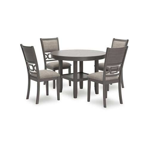 Image of Signature Design by Ashley Wrenning 5-Piece Transitional Dining Table with Chairs Set, 42 inch Square Table with Shelf, Upholstered Fretwork Chairs, Light Gray