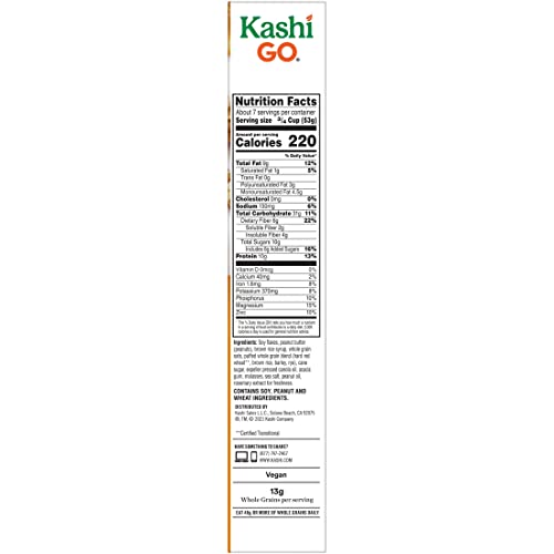 Kashi GO Cold Breakfast Cereal, Vegan Protein, Fiber Cereal, Peanut Butter Crunch, 13.2oz Box (1 Box)