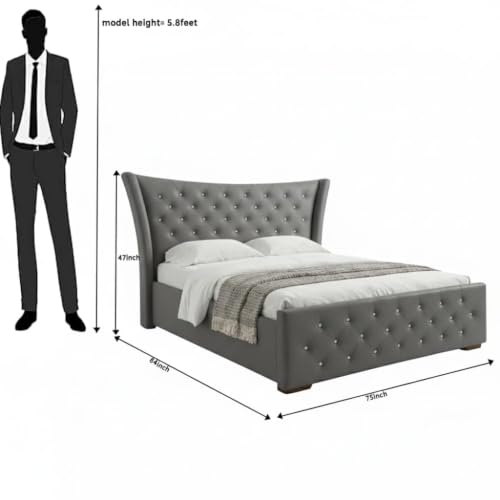 Image of Luxury King Size Upholstered Storage Bed with Diamond Tufted Padded Headboard | Premium Velvet Fabric Platform Bed Frame | Solid Wood Structure | Modern Bedroom Furniture | Grey