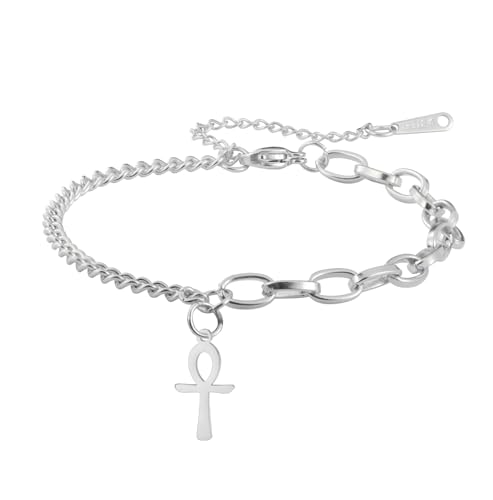 EUEAVAN Ankh Cruz pulsera para mujer egipcia ajustable Ankh brazalete religioso cruz tobillera protección amuleto antiguo egipto joyería (plata)