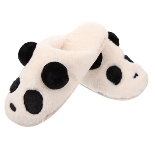 Pantoufles chaudes en peluche femme chausson panda antidérapant beige