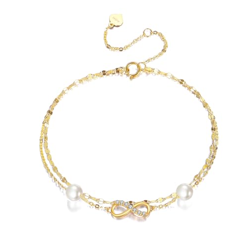 SISGEM 14k Gold 0.15 Carat Lab Grown Diamond Infinity Anklet, Pearl Layered Ankle Bracelets for Women, 9.4-11 Inches