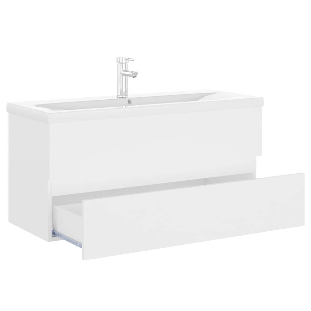 Armario para lavabo de madera blanco con lavabo empotrado, 100 x 38,5 x 45 cm, 1 cajón, espacio de almacenamiento para baño y aseo de invitados, diseño moderno, con grifo y rebosadero