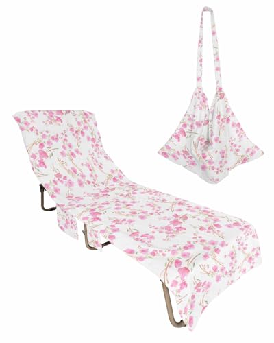 Pink Cherry Blossom, Beach Lounge Chair Towel Cover, Soft Chaise Lounge Towel with Side Pockets Patio Pool Chairs Cover for Beach/Pool Sunbathing 29x85 Spring Summer Floral Modern Botanical