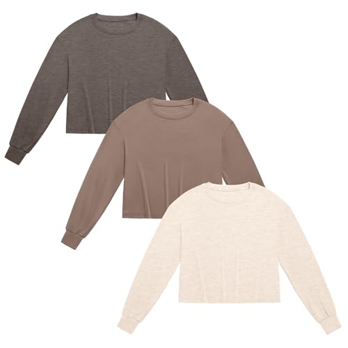Ficerd 3 Pack Cotton Cropped Long Sleeve Tops for Women Loose Fit Crew Neck Drop Shoulder Crop T Shirts Basic Tee2