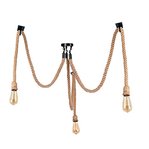 LEDSone Vintage Retro Industrial Hanging Hemp Rope Pendant Light Retro Ceiling Fitting with E27 Holder for Pub, Bar, Restaurants (3 Way Style I)