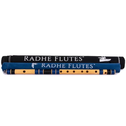Image of Radhe Flutes Bamboo Bansuri C Sharp Right Handed Middle Octave (18 inch) With Hard Cover (Beige Flute With Dark Blue & Black Threads)