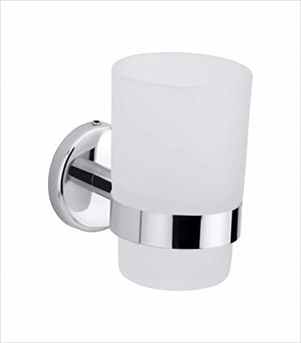 Image of Premium Wall Mounted Toothbrush Holder with Frosted Glass Tumbler | SUS 304 Stainless Steel Rustproof Toothpaste & Brush Stand for Bathroom | Chrome Finish