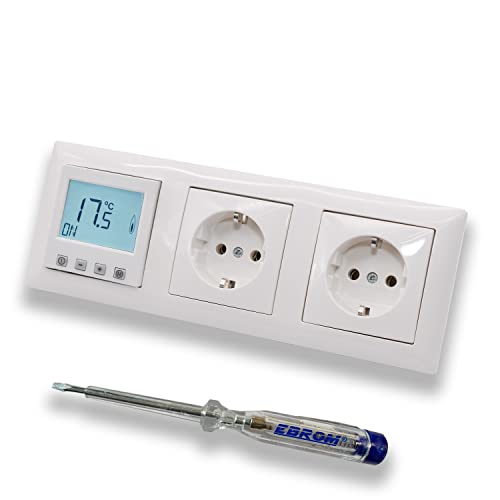 Halmburger Raumthermostat Raumtemperaturregler ERD-55rg DIGITAL in Busch Jäger Balance SI alpinweiß 3f Rahmen + 2 x Steckdose 20EUC-914 + EBROM Phasenprüfer zur Montage der Geräte, Fußbodenheizung