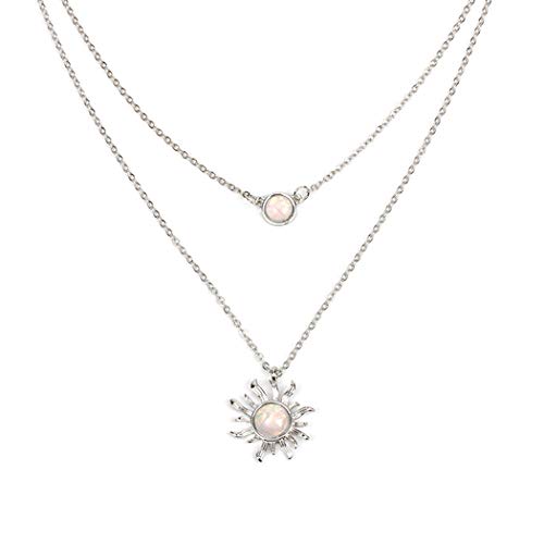 Jovono Boho Multilayered Opal Pendant Necklaces Sun Flower Pendant Chain Jewelry for Women and Girls (Silver)