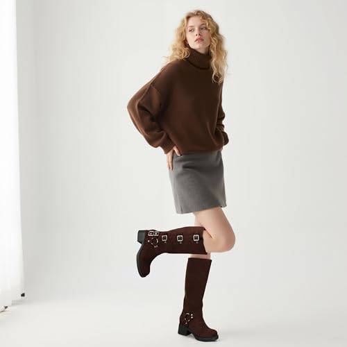 Image of AMINUGAL Knee High Boots Women Square Toe Pull On Wide Calf Riding Fashion Buckles Chunky Metallic Casual Vintage Buckle Rivet