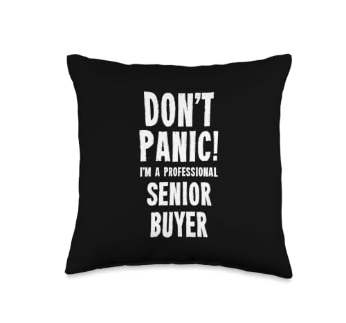 Square 16x16 throw pillow printed with a Senior Buyer slogan — the cheapest of the three identical novelty cushions
