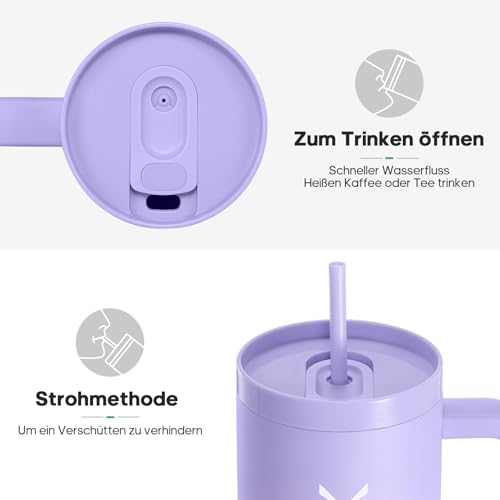 Image of Drinking Bottle with Straw, 1.2 L Thermal Mug with Handle, Leak-Proof | Double wall vacuum insulation, splash proof lid, non-slip silicone base, fits car cup holders