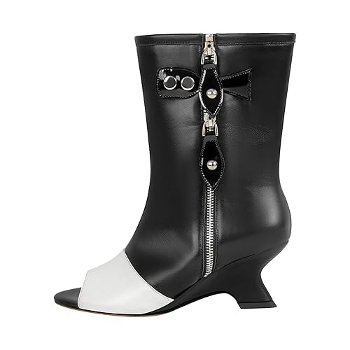 Peep Toe Ankle Boots for Women Patchwork Side Zipper Kitten Heel Booties with Metal Accents Zip up Dance