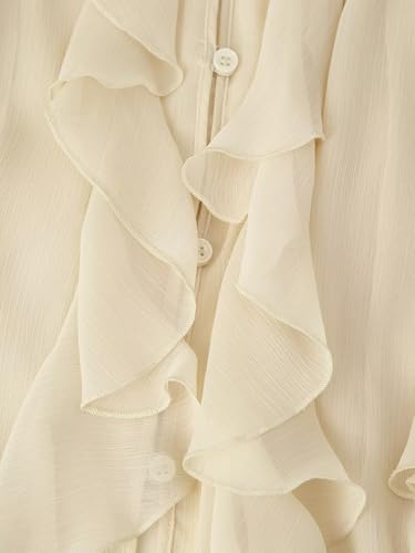 Womens Ruffle Chiffon Blouse Trendy Semi Sheer V Neck Top Long Sleeve Button Down Oversized Shirts4