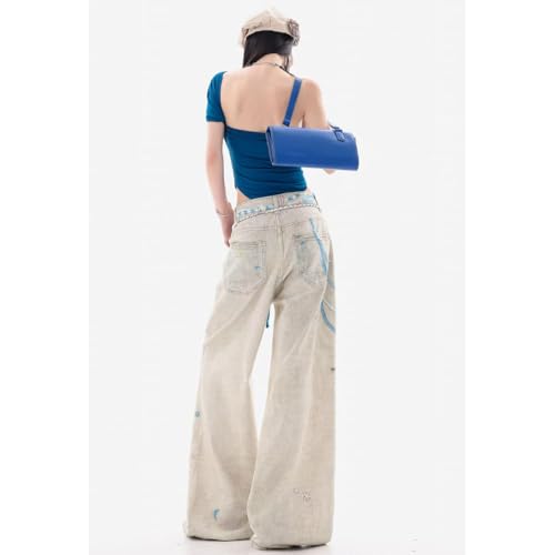 Harajuku American Retro Chain lace Printed Jeans Spicy Girl Design, Loose Personalized Straight Leg Wide Leg Jeans3