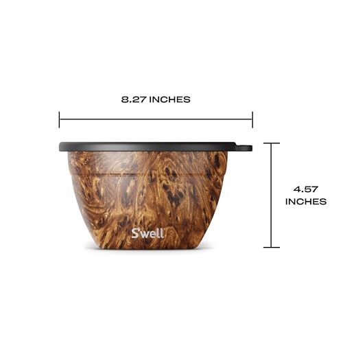 S’well Stainless Steel 64oz Salad Bowl Kit, Teakwood Finish, Includes 2oz Condiment Container and Removable Tray, Leak-Proof and Easy to Clean, Dishwasher Safe