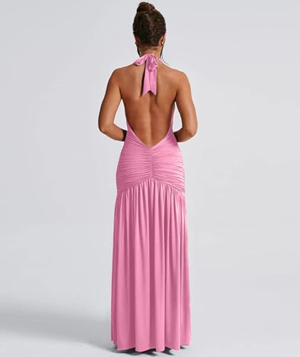 Image of Ekaliy Women's Sexy Halter Deep V Neck Maxi Dress Sleeveless Backless High Slit Ruched Long Dress Summer Party Cocktail Dress